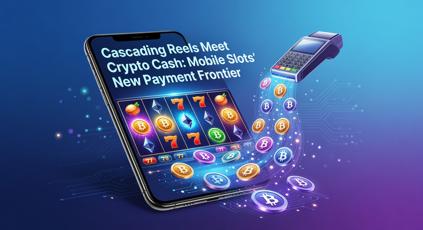 Dynamische Darstellung kaskadierender Walzen in einem mobilen Slot-Spiel mit Krypto-Symbolen wie Bitcoin und Ethereum im Hintergrund