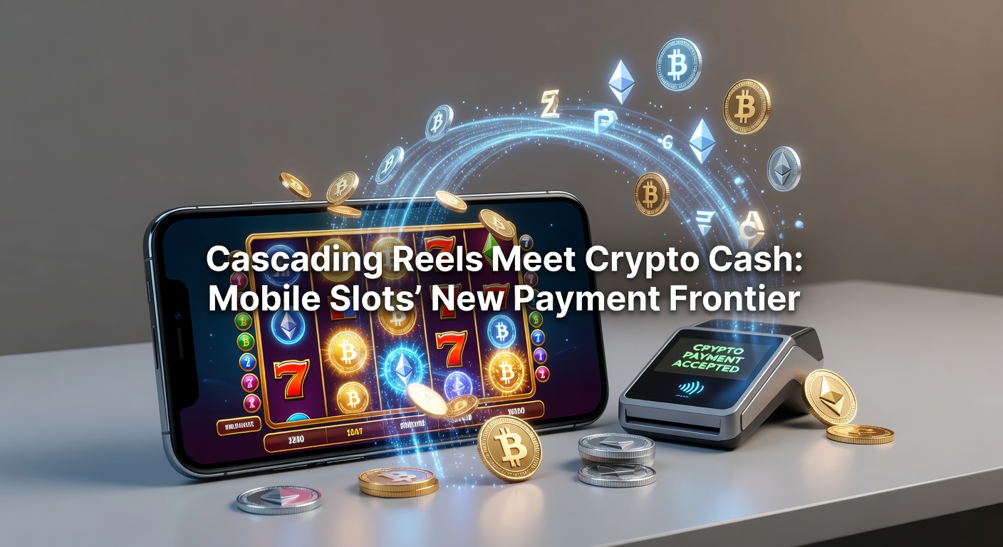 Smartphone-Bildschirm zeigt ein mobiles Slot-Spiel mit kaskadierenden Symbolen und einer verbundenen Crypto-Wallet, die Echtzeit-Transaktionen anzeigt
