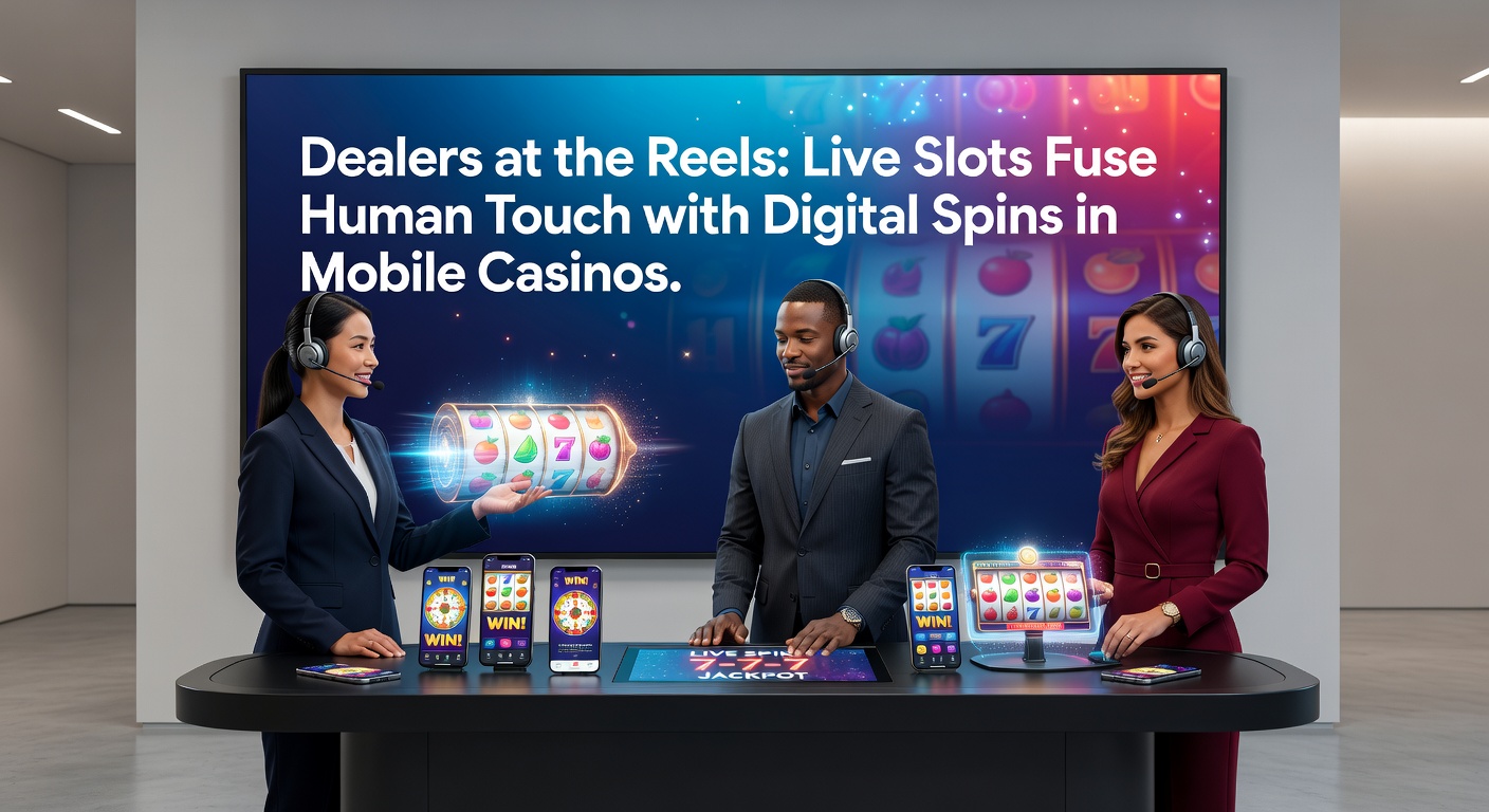 Ein charismatischer Dealer interagiert live mit Spielern vor einem digitalen Slot-Reel in einem Mobile-Casino-Setup, das den Übergang von traditionellem Casino-Flair zu mobiler Bequemlichkeit zeigt