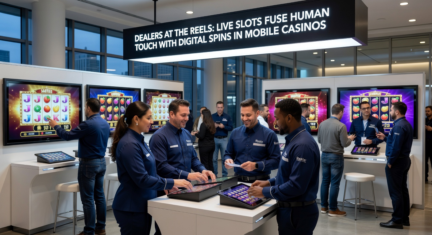 Nahaufnahme eines Live-Dealers, der einen Slot-Reel interaktiv dreht, umgeben von digitalen Effekten und Chat-Overlays, die die Immersion in Mobile Casinos unterstreichen