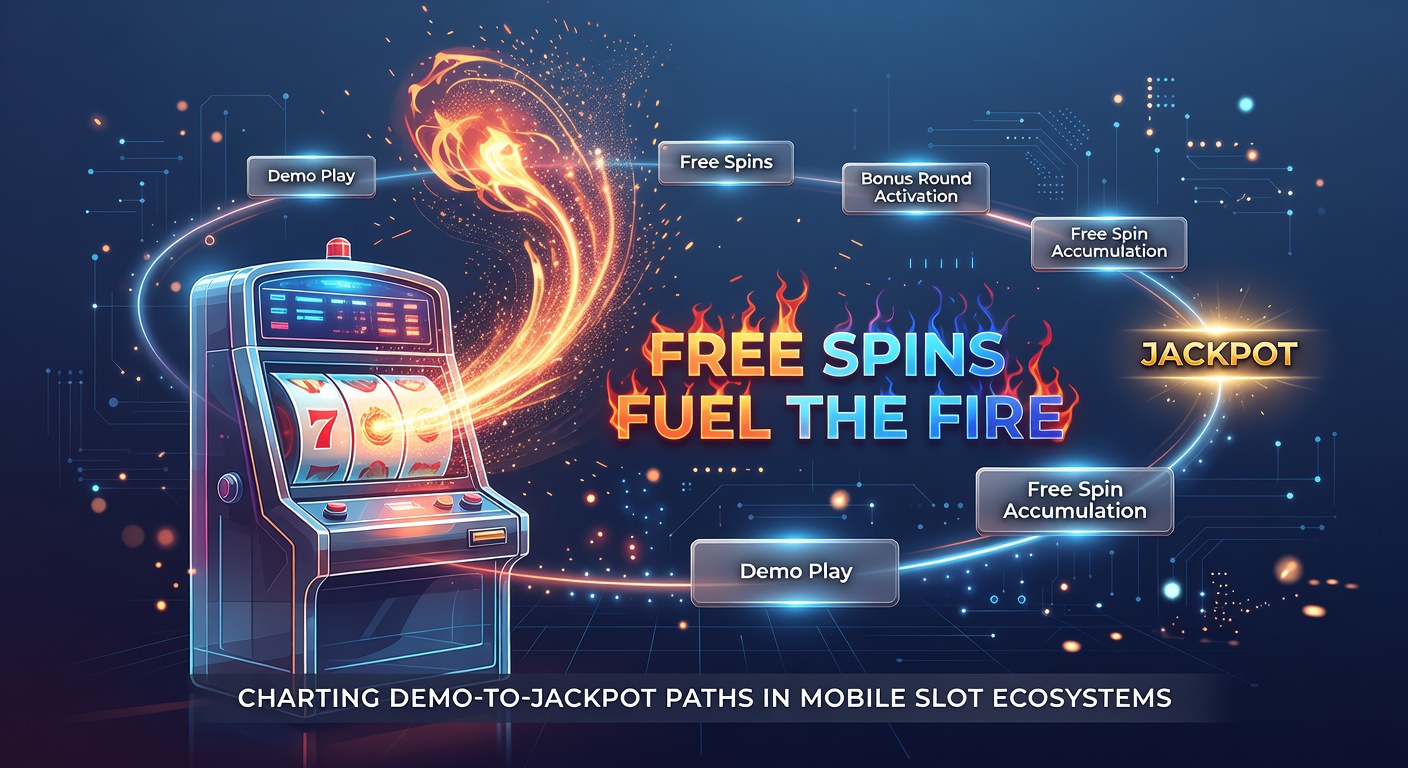 Smartphone mit leuchtenden Slot-Walzen und Free-Spins-Symbolen, die einen Pfad von Demo zu goldenem Jackpot darstellen