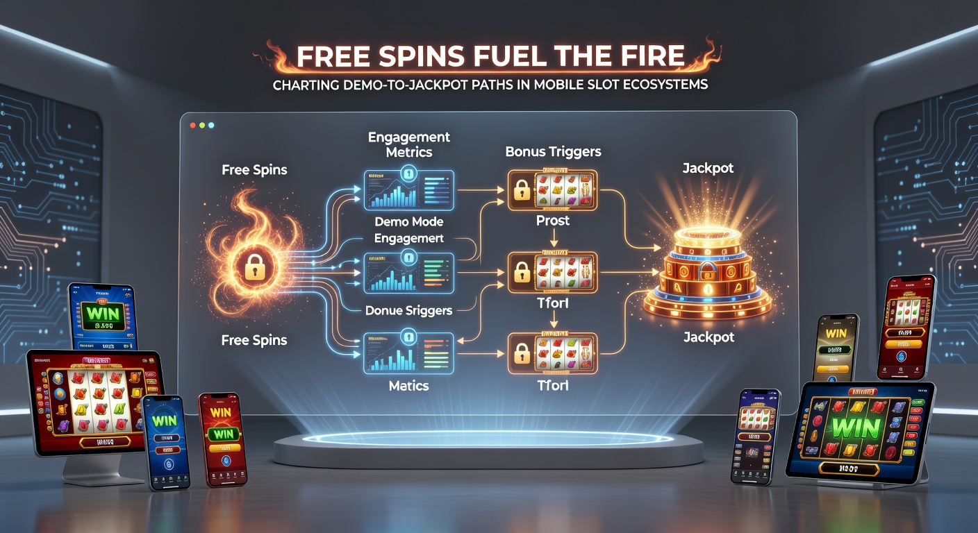 Grafik eines Pfads von Demo-Symbolen über Free-Spins zu explodierendem Jackpot auf einem Mobilbildschirm mit Walzen und Münzen