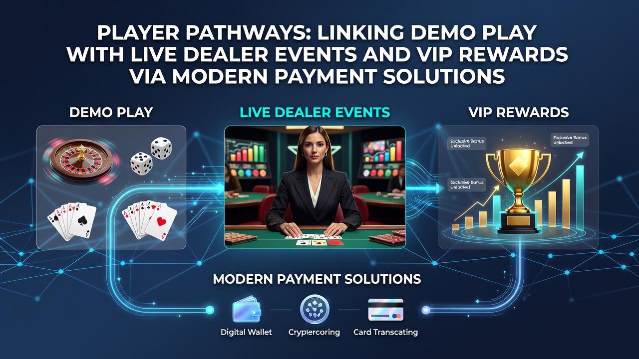 Darstellung moderner Zahlungssysteme, die Demo-Spiele mit VIP-Belohnungen und Live-Dealer-Events in Slots verknüpfen